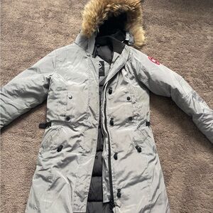 Canada Goose Women's Light Gray Long Puffer Parka with Fur-Trim Hood